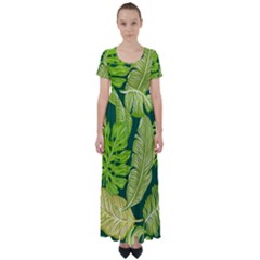 Tropical Green Leaves High Waist Short Sleeve Maxi Dress by snowwhitegirl