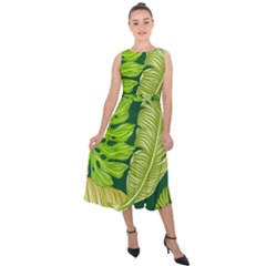 Tropical Green Leaves Midi Tie-back Chiffon Dress