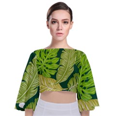 Tropical Green Leaves Tie Back Butterfly Sleeve Chiffon Top