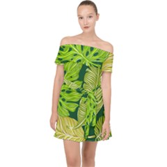 Tropical Green Leaves Off Shoulder Chiffon Dress