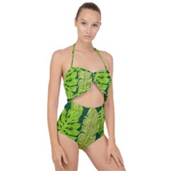 Tropical Green Leaves Scallop Top Cut Out Swimsuit