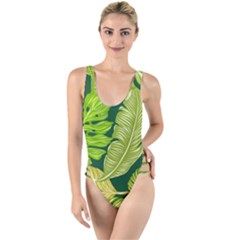 Tropical Green Leaves High Leg Strappy Swimsuit