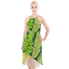 Tropical Green Leaves High-low Halter Chiffon Dress 