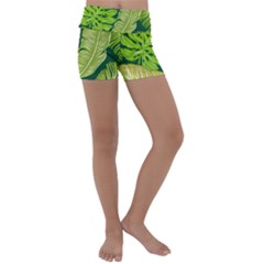 Tropical Green Leaves Kids  Lightweight Velour Yoga Shorts