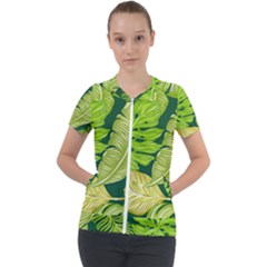 Tropical Green Leaves Short Sleeve Zip Up Jacket