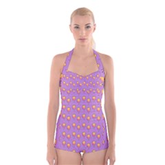 Cotton Candy Pattern Violet Boyleg Halter Swimsuit  by snowwhitegirl