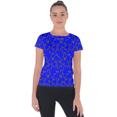 Yellow Floral On Blue Short Sleeve Sports Top  by 1dsign