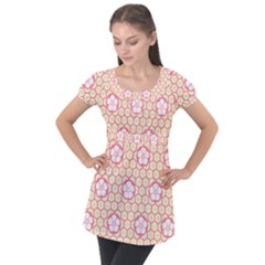 Floral Design Seamless Wallpaper Puff Sleeve Tunic Top