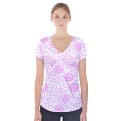 Peony Asia Spring Flowers Natural Short Sleeve Front Detail Top by Pakrebo