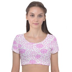 Peony Asia Spring Flowers Natural Velvet Short Sleeve Crop Top 