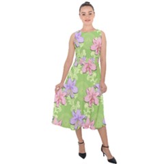 Lily Flowers Green Plant Natural Midi Tie-Back Chiffon Dress