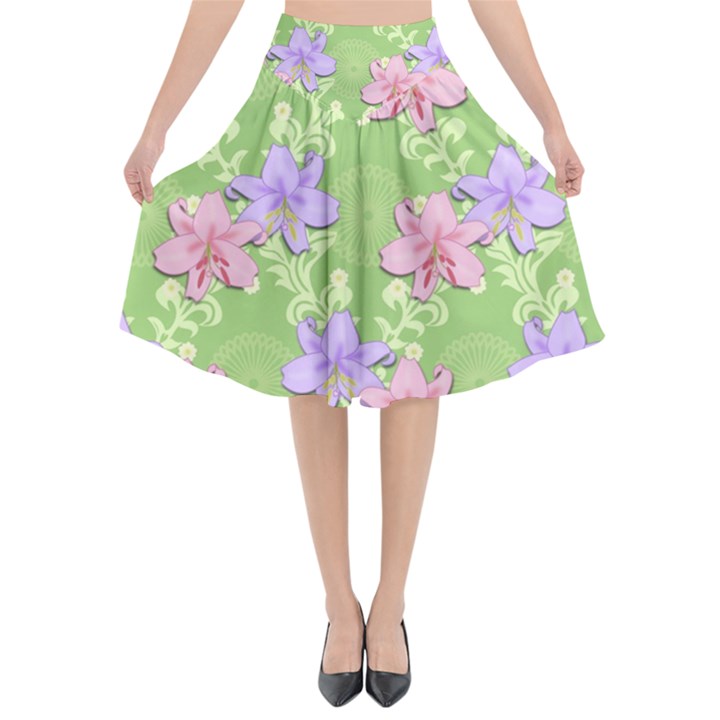 Lily Flowers Green Plant Natural Flared Midi Skirt