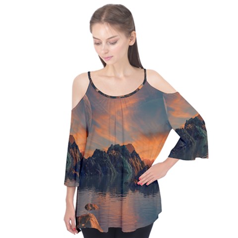 Horizon Sunset Evening Sunrise Flutter Tees by Pakrebo