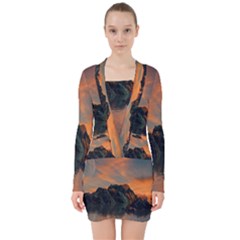 Horizon Sunset Evening Sunrise V-neck Bodycon Long Sleeve Dress by Pakrebo