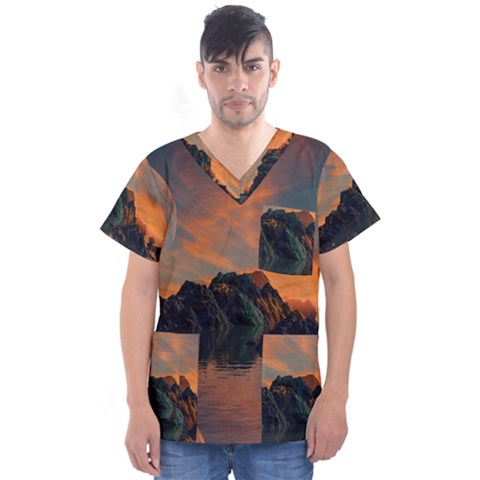 Horizon Sunset Evening Sunrise Men s V-neck Scrub Top by Pakrebo