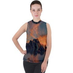 Horizon Sunset Evening Sunrise Mock Neck Chiffon Sleeveless Top