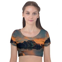 Horizon Sunset Evening Sunrise Velvet Short Sleeve Crop Top  by Pakrebo