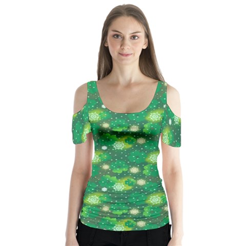 4 Leaf Clover Star Glitter Seamless Butterfly Sleeve Cutout Tee  by Pakrebo