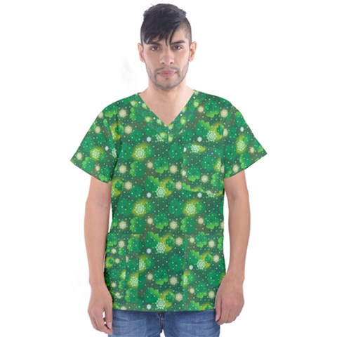 4 Leaf Clover Star Glitter Seamless Men s V-neck Scrub Top by Pakrebo