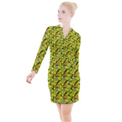 Flowers Yellow Red Blue Seamless Button Long Sleeve Dress