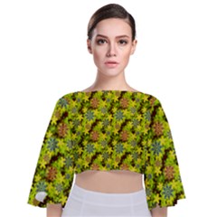 Flowers Yellow Red Blue Seamless Tie Back Butterfly Sleeve Chiffon Top