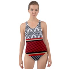 Background Damask Red Black Cut-out Back One Piece Swimsuit by Pakrebo