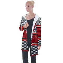 Background Damask Red Black Longline Hooded Cardigan