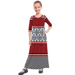 Background Damask Red Black Kids  Quarter Sleeve Maxi Dress