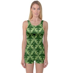 White Flowers Green Damask One Piece Boyleg Swimsuit by Pakrebo