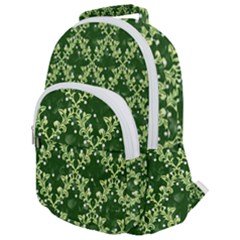 White Flowers Green Damask Rounded Multi Pocket Backpack