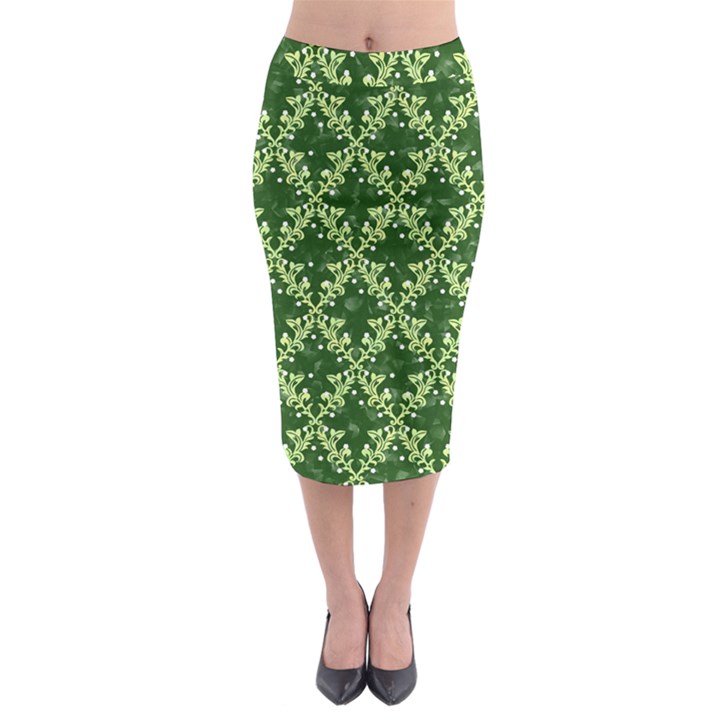 White Flowers Green Damask Midi Pencil Skirt