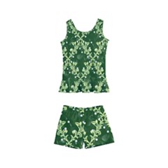 White Flowers Green Damask Kids  Boyleg Swimsuit