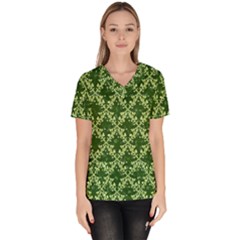 White Flowers Green Damask Women s V-neck Scrub Top by Pakrebo