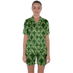 White Flowers Green Damask Satin Short Sleeve Pyjamas Set by Pakrebo