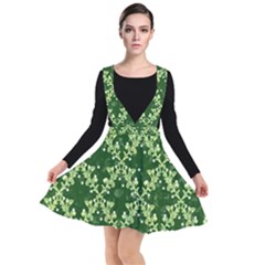 White Flowers Green Damask Plunge Pinafore Dress