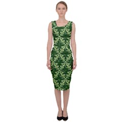 White Flowers Green Damask Sleeveless Pencil Dress