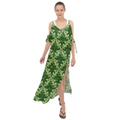 White Flowers Green Damask Maxi Chiffon Cover Up Dress