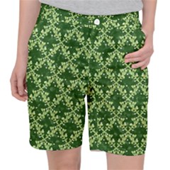 White Flowers Green Damask Pocket Shorts