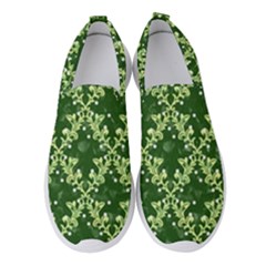 White Flowers Green Damask Women s Slip On Sneakers