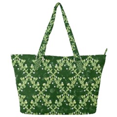 White Flowers Green Damask Full Print Shoulder Bag