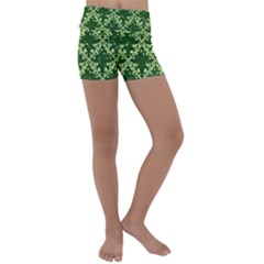 White Flowers Green Damask Kids  Lightweight Velour Yoga Shorts