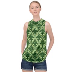 White Flowers Green Damask High Neck Satin Top