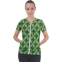 White Flowers Green Damask Short Sleeve Zip Up Jacket