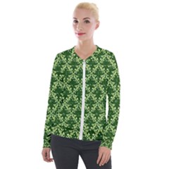 White Flowers Green Damask Velour Zip Up Jacket