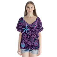 Stamping Pattern Leaves Drawing V-neck Flutter Sleeve Top by Pakrebo