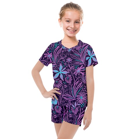 Stamping Pattern Leaves Drawing Kids  Mesh Tee And Shorts Set by Pakrebo