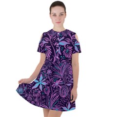 Stamping Pattern Leaves Drawing Short Sleeve Shoulder Cut Out Dress  by Pakrebo