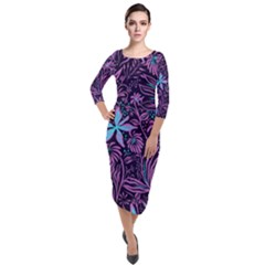 Stamping Pattern Leaves Drawing Quarter Sleeve Midi Velour Bodycon Dress