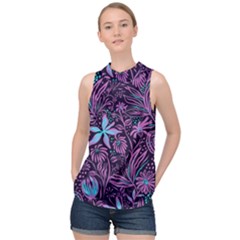 Stamping Pattern Leaves Drawing High Neck Satin Top