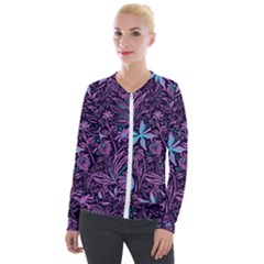 Stamping Pattern Leaves Drawing Velour Zip Up Jacket